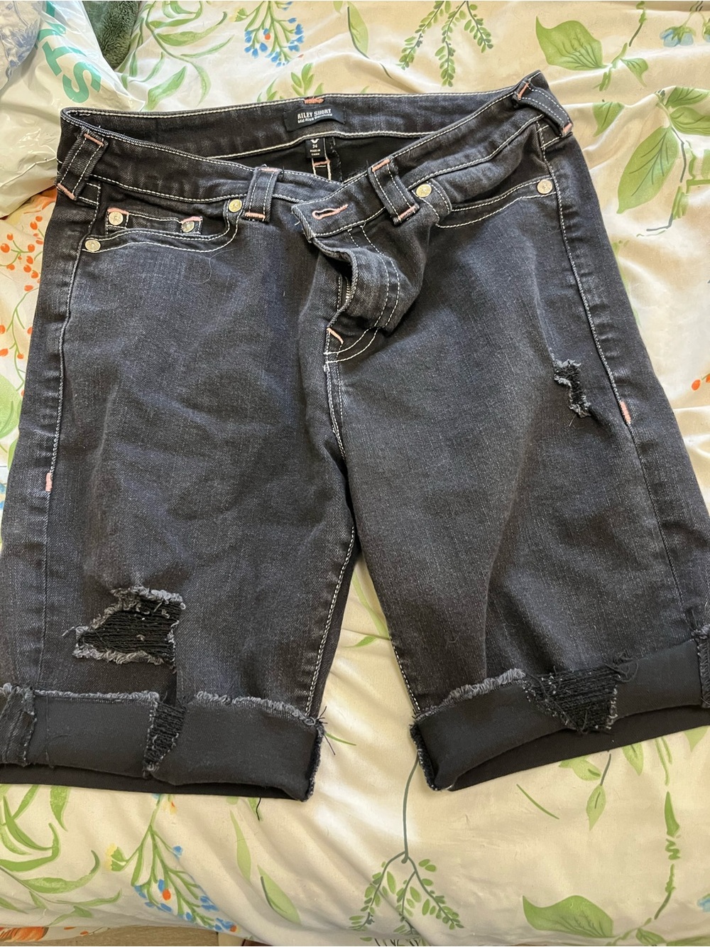 Tory Burch Black Distressed Denim Bermuda Shorts